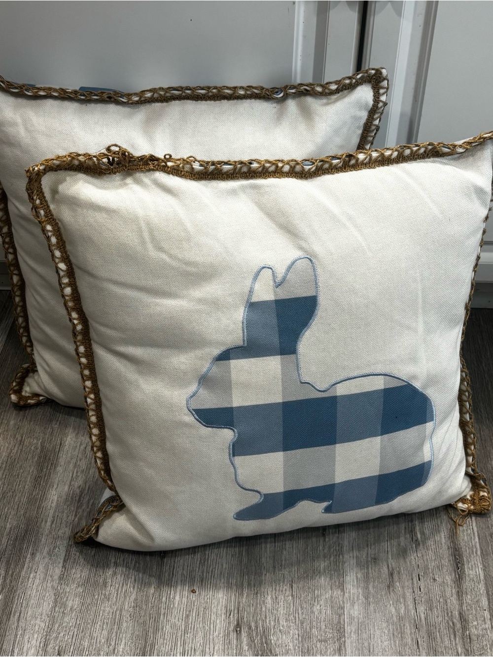 Blue Buffalo Check Bunny Throw Pillow by at home x grace mitchell large Easter